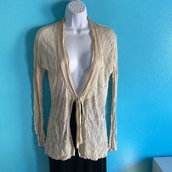 Bibelot Lightweight Gold Metallic Womens Cardigan Size S Tie Front Summer Layer - Picture 1 of 10